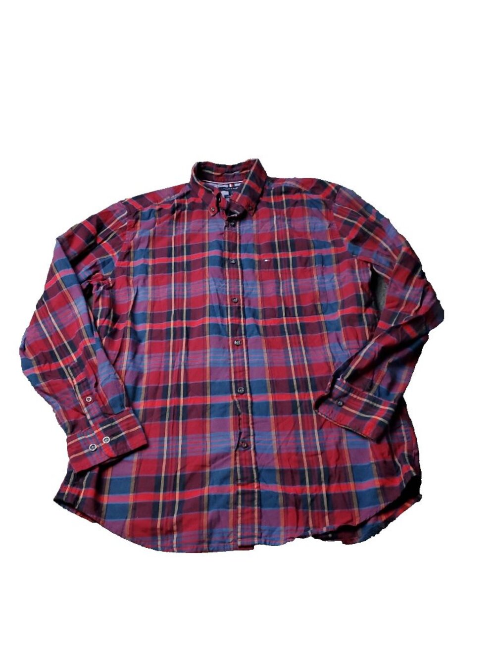 Tommy Hilfiger Shirt Mens L Large Classic Button  Long Sleeve Red Flannel Plaid